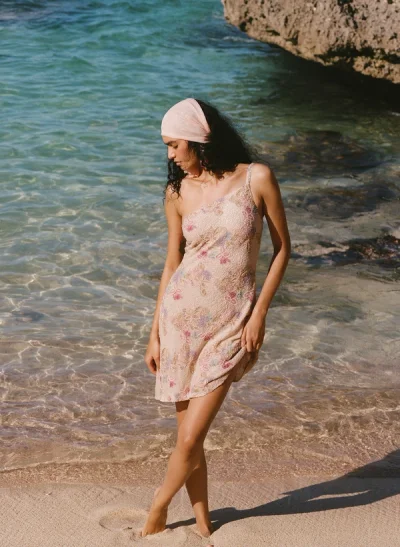 Photo of Lulu Shell Beaded Mini Dress in Ivory on model, view 1